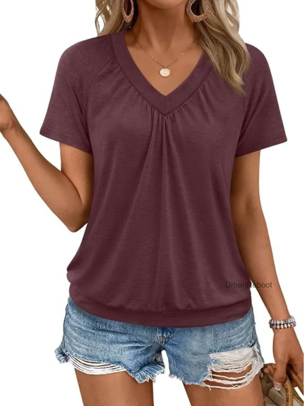 Womens V Neck Short Sleeve T Shirt Loose Fit Ruched Front Summer Top